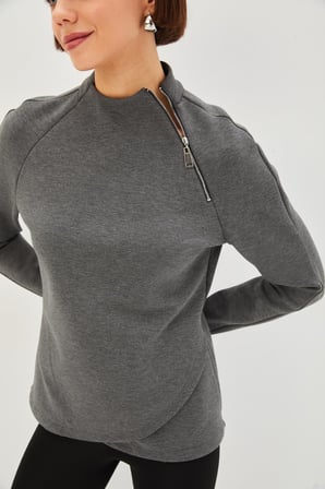 Scuba Kumaş Dik Yaka Fermuar Detaylı Antrasit Regular Örme Sweatshirt