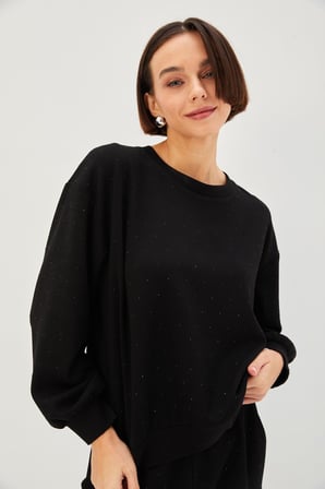 Taşlı Bisiklet Yaka Siyah Örme Sweatshirt
