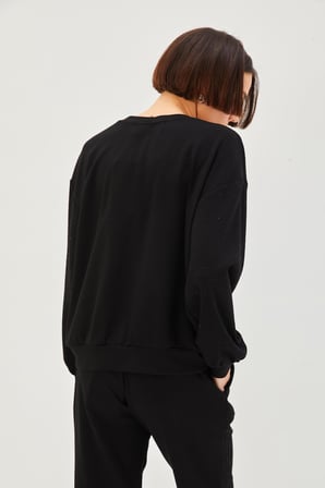 Taşlı Bisiklet Yaka Siyah Örme Sweatshirt