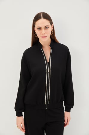Şerit Detaylı Dik Yakalı Regular Örme Sweatshirt