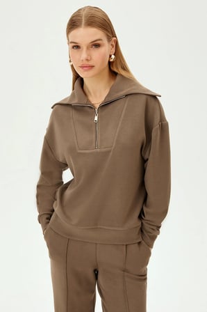 Yaka Detaylı Fermuarlı Regular Örme Sweatshirt