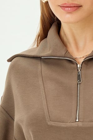 Yaka Detaylı Fermuarlı Regular Örme Sweatshirt