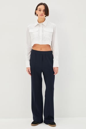 Nervürlü Wide Leg Beli / Lastikli Örme Pantolon