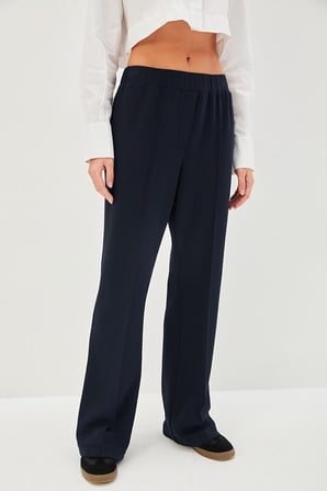 Nervürlü Wide Leg Beli / Lastikli Örme Pantolon
