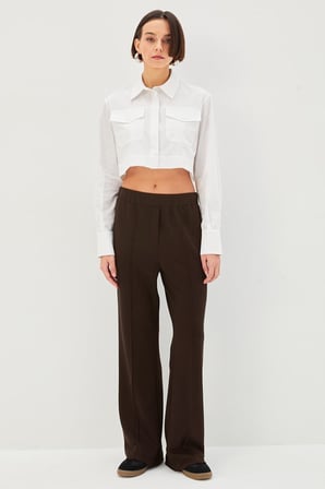 Nervürlü Wide Leg Beli / Lastikli Örme Pantolon