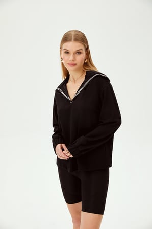 Siyah Uzun Kollu Denizci Yaka Sweatshirt
