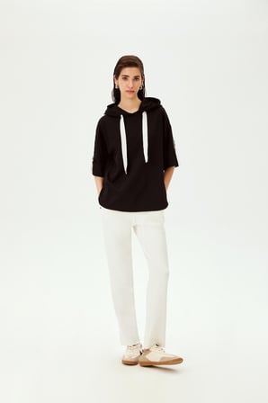 Grogren Detaylı Kapüşonlu Truvakar Kol Örme Sweatshirt
