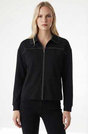 Fermuarlı Uzun Kollu Parlak Şeritli Regular Örme Sweatshirt