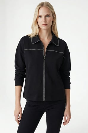 Fermuarlı Uzun Kollu Parlak Şeritli Regular Örme Sweatshirt