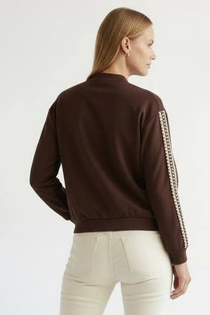 Kolları Şerit Detaylı Dik Yakalı Regular Örme Sweatshirt