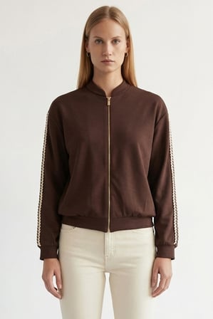 Kolları Şerit Detaylı Dik Yakalı Regular Örme Sweatshirt