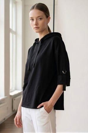 Grogren Detaylı Kapüşonlu Truvakar Kol Örme Sweatshirt