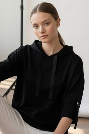 Grogren Detaylı Kapüşonlu Truvakar Kol Örme Sweatshirt