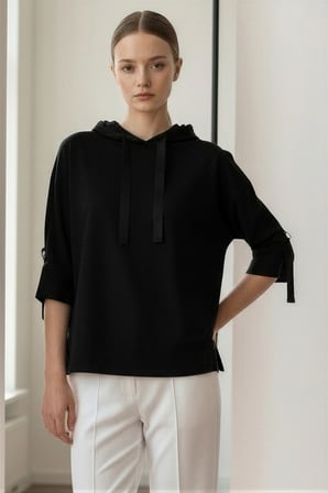 Grogren Detaylı Kapüşonlu Truvakar Kol Örme Sweatshirt