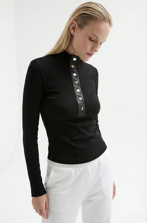 Düğmeli Balıkçı Yaka Uzun Kollu Regular Örme Sweatshirt