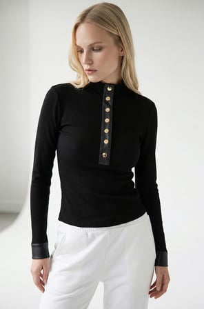 Düğmeli Balıkçı Yaka Uzun Kollu Regular Örme Sweatshirt