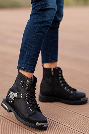 Muggo M512 Yuvarlak Burun Kısa Topuk Ortopedik Bağcıklı Günlük Siyah Postal Tekstil