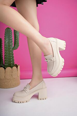 Muggo VALENCİA Garantili Kadın Kalın Topuklu Yuvarlak Burunlu Metal Tokalı Loafer Günlük Ayakkabı