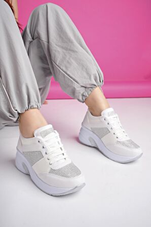 Muggo MARLON Garantili Kadın Ortopedik Yüksek Taban Günlük Bağcıklı Simli Sneaker Spor Ayakkabı