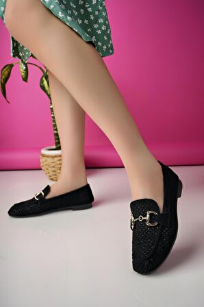 Muggo PHUKET Garantili Metal Tokalı Lazerli Nefes Alabilen Deri Kadın Loafer Günlük Ayakkabı