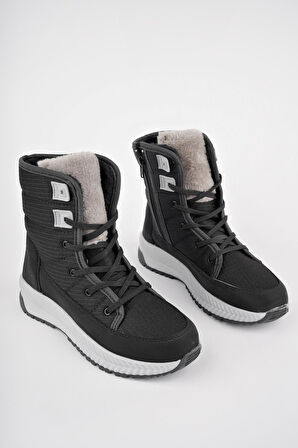 Muggo LOREN Garantili Kadın Tırtıklı Taban İçi Kürklü Bağcıklı Fermuarlı Yağmur ve Kar Botu