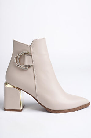 Muggo QADRA Garantili Sivri Burun Kalın Topuklu Toka Detaylı Fermuarlı Kadın Bot