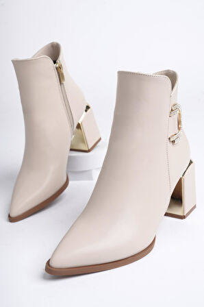 Muggo QADRA Garantili Sivri Burun Kalın Topuklu Toka Detaylı Fermuarlı Kadın Bot