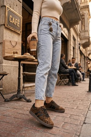 Muggo LEOPARD Garantili Kadın Ortopedik Günlük Bağcıklı Yürüyüş Leopar Desenli Sneaker Spor Ayakkabı
