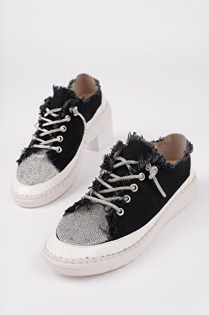 Muggo DAMSEL Bağcıklı Taşlı Kadın Günlük Denim Sneaker Spor Ayakkabı