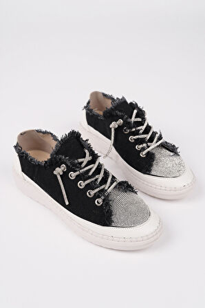 Muggo DAMSEL Bağcıklı Taşlı Kadın Günlük Denim Sneaker Spor Ayakkabı