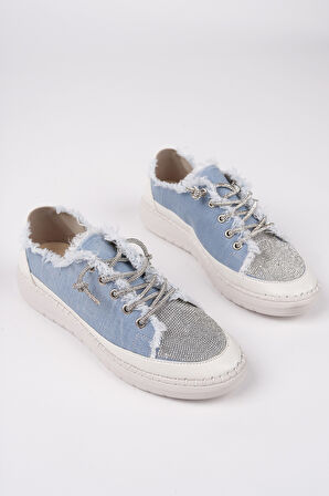 Muggo DAMSEL Bağcıklı Taşlı Kadın Günlük Denim Sneaker Spor Ayakkabı