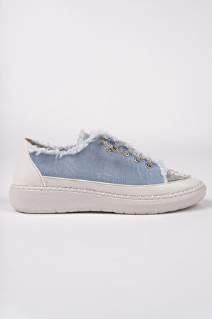 Muggo DAMSEL Bağcıklı Taşlı Kadın Günlük Denim Sneaker Spor Ayakkabı