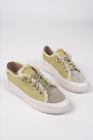 Muggo DAMSEL Bağcıklı Taşlı Kadın Günlük Denim Sneaker Spor Ayakkabı