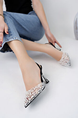 Muggo MARGARET Taşlı Sivri Burun Arkası Açık Lastikli Kadın Klasik Topuklu Ayakkabı