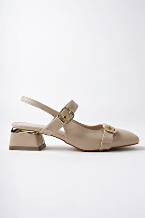 Muggo YUQİ Arkası Açık Küt Burun Çift Kemerli Kadın Günlük Klasik Kısa Topuklu Ayakkabı