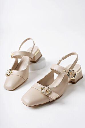 Muggo YUQİ Arkası Açık Küt Burun Çift Kemerli Kadın Günlük Klasik Kısa Topuklu Ayakkabı