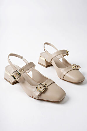 Muggo YUQİ Arkası Açık Küt Burun Çift Kemerli Kadın Günlük Klasik Kısa Topuklu Ayakkabı