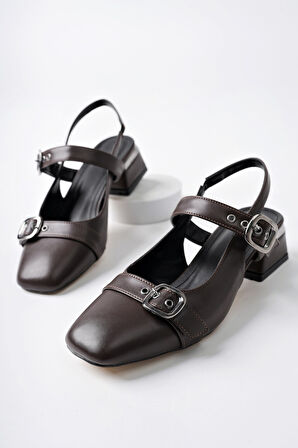 Muggo YUQİ Arkası Açık Küt Burun Çift Kemerli Kadın Günlük Klasik Kısa Topuklu Ayakkabı