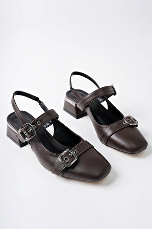 Muggo YUQİ Arkası Açık Küt Burun Çift Kemerli Kadın Günlük Klasik Kısa Topuklu Ayakkabı