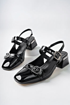 Muggo YUQİ Arkası Açık Küt Burun Çift Kemerli Kadın Günlük Klasik Kısa Topuklu Ayakkabı