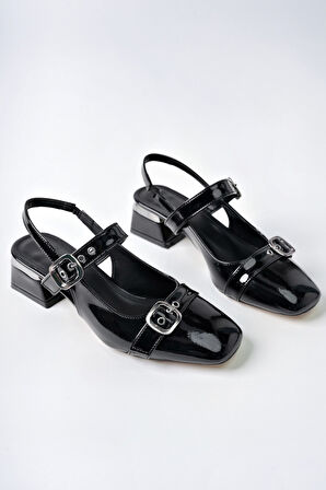 Muggo YUQİ Arkası Açık Küt Burun Çift Kemerli Kadın Günlük Klasik Kısa Topuklu Ayakkabı