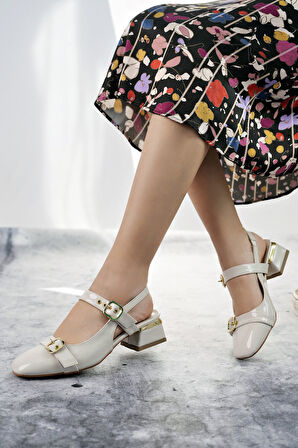 Muggo YUQİ Arkası Açık Küt Burun Çift Kemerli Kadın Günlük Klasik Kısa Topuklu Ayakkabı