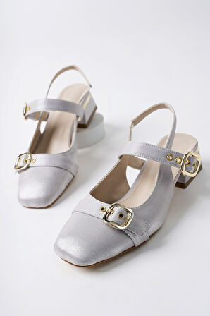 Muggo GİGİ Arkası Açık Küt Burun Çift Kemerli Kadın Günlük Klasik Kısa Topuklu Ayakkabı