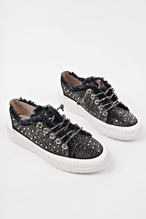 Muggo VİENNA Bağcıklı Taşlı Kadın Günlük Denim Sneaker Spor Ayakkabı