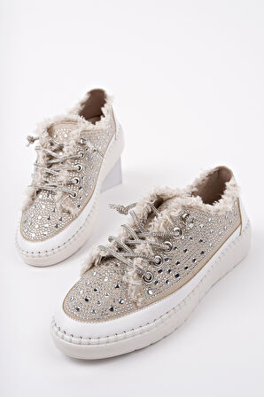 Muggo VİENNA Bağcıklı Taşlı Kadın Günlük Denim Sneaker Spor Ayakkabı