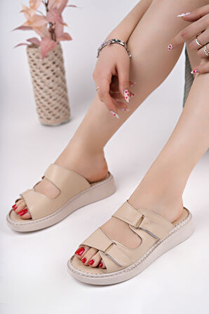 Muggo MORGEN Hakiki Deri Çift Bantlı Ayarlanabilir Ortopedik Günlük Kadın Terlik