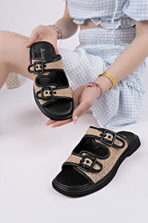 Muggo SARLE Çift Bantlı Ayarlanabilir Kemerli Kadın Günlük Hasır Terlik