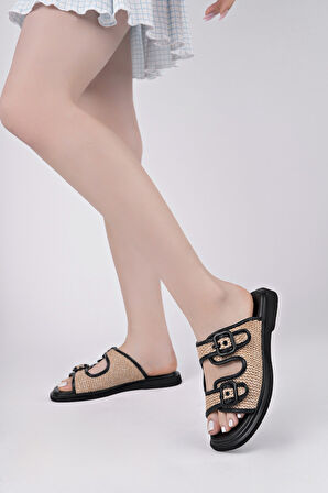 Muggo SARLE Çift Bantlı Ayarlanabilir Kemerli Kadın Günlük Hasır Terlik