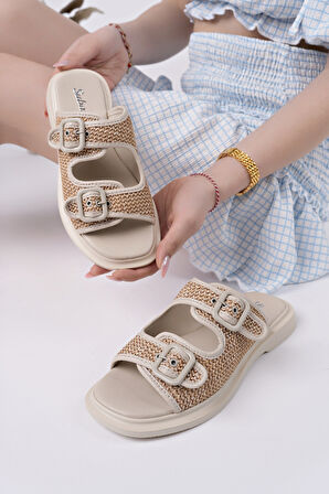 Muggo SARLE Çift Bantlı Ayarlanabilir Kemerli Kadın Günlük Hasır Terlik