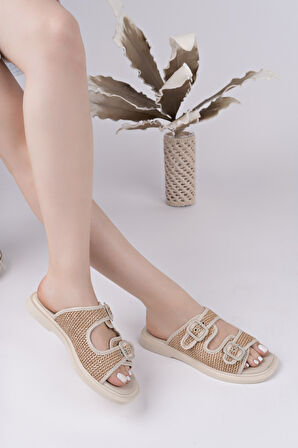 Muggo SARLE Çift Bantlı Ayarlanabilir Kemerli Kadın Günlük Hasır Terlik